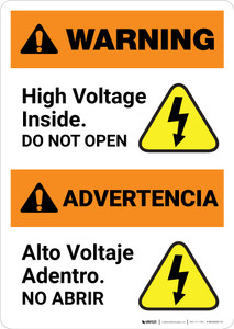 Warning: High Voltage Inside - Do Not Open Bilingual Spanish - Portrait Wall Sign