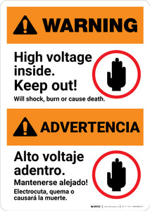 Warning: High Voltage Inside - Keep Out Bilingual Spanish - Portrait Wall Sign