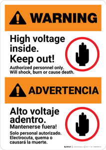 Warning: High Voltage Inside - Keep Out Landscape Bilingual Spanish - Portrait Wall Sign