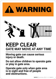 Warning: Keep Clear - Gate May Move At Any Time with Icons - Portrait Wall Sign