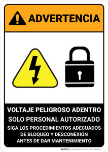 Warning: Hazardous Voltage Follow Lockout Procedures Spanish ANSI - Portrait Wall Sign