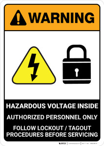 Warning: Hazardous Voltage Inside - Follow Lockout Tagout Procedures ANSI - Portrait Wall Sign
