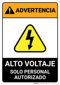 Warning: High Voltage - Authorized Personnel Only Spanish ANSI - Portrait Wall Sign
