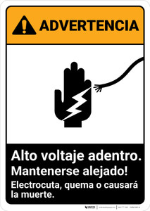 Warning: High Voltage Inside - Keep Out Spanish ANSI - Portrait Wall Sign