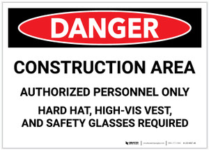 Danger: Construciton Area - Hard Hat, High-Vis Vest, Safety Glasses Required - Label
