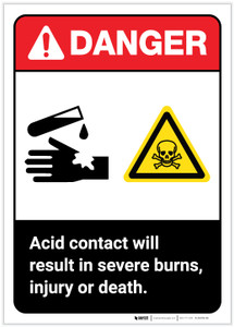 Danger: Acid Contact Will Result in Severe Burns ANSI Portrait - Label