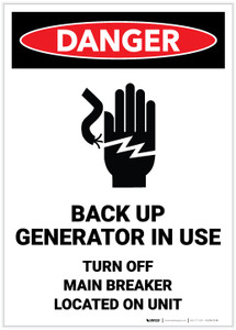 Danger: Back Up Generator In Use Turn Off Main Breaker Portrait - Label Danger: Back Up Generator In Use Turn Off Main Breaker Portrait - Label
