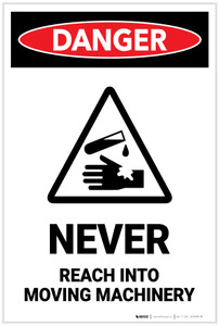 Danger: Never Reach into Moving Machinery with Graphic (Portrait) - Label