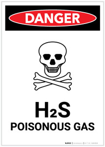 Danger: H2S Poisonous Gas (Hydrogen Sulfide) with Icon Portrait - Label