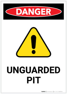 Danger: Unguarded Pit with Hazard Icon Portrait - Label