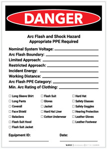 Danger: Arc Flash & Shock Hazard PPE Checklist Portrait - Label Danger: Arc Flash & Shock Hazard PPE Checklist Portrait - Label