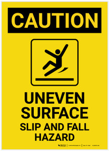 Caution: Uneven Surface Fall Hazard with Icon Portrait - Label