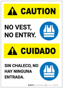 Caution: No Entry Without Vest ANSI Bilingual Spanish Portrait - Label