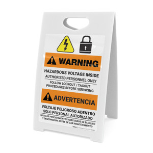 Warning: Hazardous Voltage Follow Lockout Procedures Bilingual Spanish - A-Frame Sign