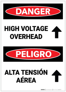 Danger: High Voltage Overhear with Arrow Up Bilingual Spanish - Label