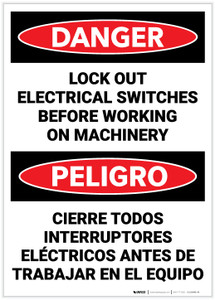 Danger: Lock Out Electrical Switches before Working on Machinery Bilingual Spanish - Label