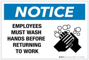 Notice: Employees Must Wash Hands Before Returning to Work with Icon - Label