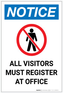 Notice: All Visitors Must Register At Office With Icon Portrait - Label