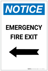 Notice: Emergency Fire Exit with Arrow Left Portrait - Label