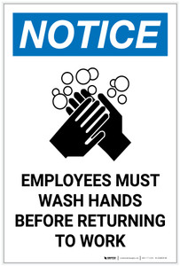 Notice: Employees Must Wash Hands Before Returning to Work Portrait - Label