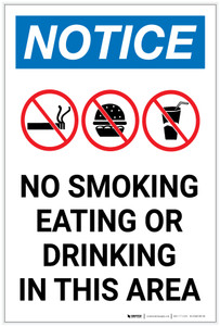 Notice: No Smoking/Eating/Drinking In This Area with Icons Portrait - Label