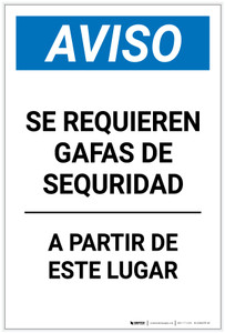 Notice: Safety Glasses Required Underlined Beyond Point Spanish Portrait - Label