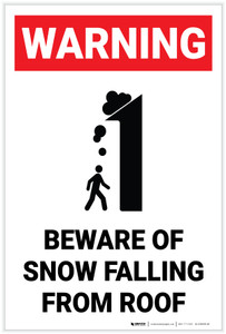 Warning: Beware of Snow Falling From Roof With Graphic (White) - Label