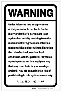 Warning: Arkansas Agritourism Liability AR - Label