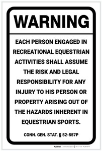 Warning: Connecticut Equine Liability CT - Label