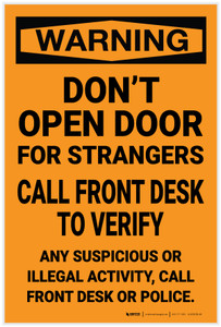 Warning: Don't Open Door for Stranger Call Front Desk - Label
