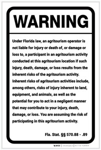 Warning: Florida Agritourism Liability FL - Label