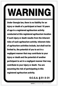 Warning: Georgia Agritourism Liability GA - Label