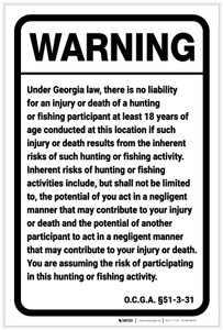 Warning: Georgia Hunting Or Fishing Liability GA - Label