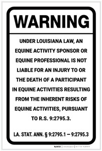 Warning: Louisiana Equine Liability LA - Label