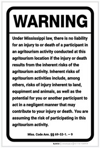 Warning: Mississippi Agritourism Liability MS - Label
