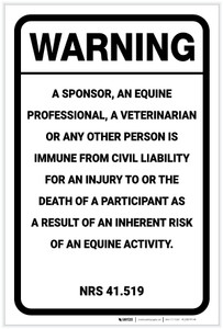 Warning: Nevada Equine Liability NV - Label