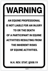 Warning: New Hampshire Equine Liability NH - Label
