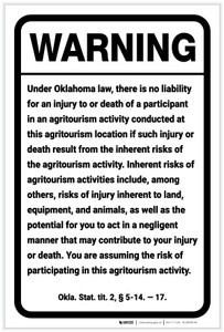 Warning: Oklahoma Agritourism Liability OK - Label
