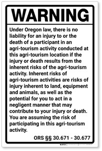 Warning: Oregon Agritourism Liability OR - Label