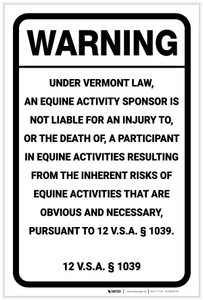 Warning: Vermont Equine Liability VT - Label