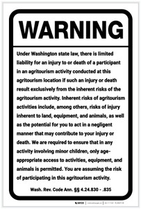 Warning: Washington Agritourism Liability WA - Label