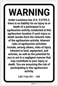 Louisiana Agritourism Liability LA - Label