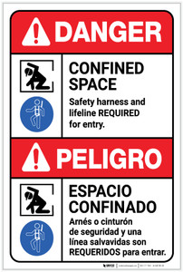 Danger: Confined Space Safety Harness Lifine Required Bilingual Spanish - Label