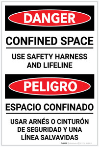 Danger: Confined Space Use Harness and Lifeline Bilingual Spanish - Label