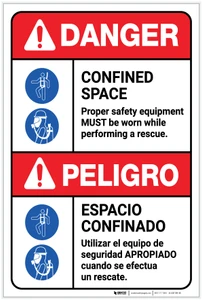Danger: Confined Space Safety Equipment Must be Worn Bilingual Spanish - Label