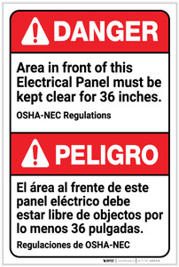 Danger: Area in Front of Panel Must be Kept Clear Bilingual Spanish - Label
