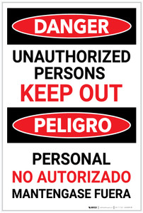 Danger: Unauthorized Persons Keep Out with Red Text Bilingual Spanish - Label