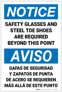 Notice: Safety Glasses Steel Toe Shoes Required Bilingual Spanish - Label