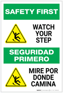 Safety First: Watch Your Step Bilingual Spanish with Icon - Label