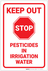 Keep Out Pesticides In Irrigation Water with Icon Portrait - Label
